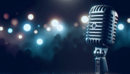 Retro microphone against a blurred bokeh light background, concept of music, broadcast or performance. Generative AIの素材
