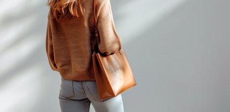 Partial view of a person with a brown sweater and grey jeans holding a tan leather bag, on a light shadowed background, Generative AIの素材