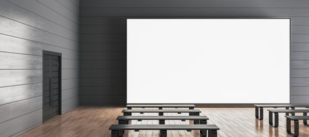 Simple gray wooden gallery interior with benches in front of empty white mock up screen. 3D Renderingの写真素材