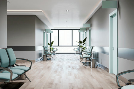 Modern healthcare corridor featuring geometric designs and soft blue chairs for patient comfort and style. 3D Renderの写真素材