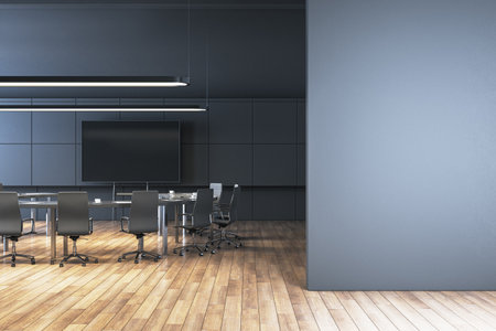 Modern meeting room interior with blank mock up place on wall, round table and wooden flooring. Workplace concept. 3D Renderingの写真素材
