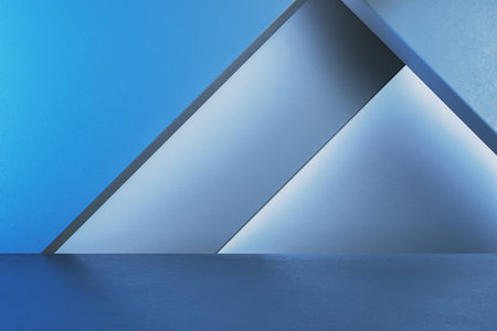 Empty blue triangular gallery wall with mock up place. Museum concept. 3D Renderingの写真素材