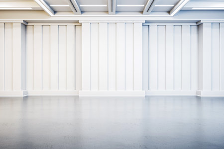 An empty white gallery space with decorative wall panels and ceiling lights, a blank floor and walls indicating a contemporary art exhibition room. 3D Renderingの写真素材