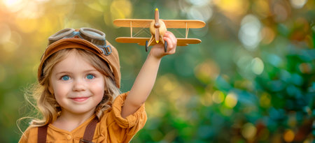 A child in pilot attire holding a toy airplane, set against a blurred natural background, evoking a concept of dreams and adventure. Generative AIの素材