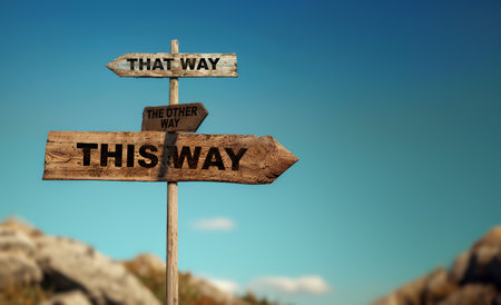 Wooden direction signs against a clear sky and mountain background, concept of decision making. Generative AIの素材