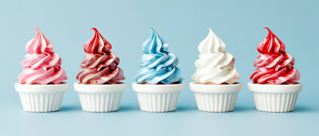 Five swirls of frozen yogurt in red, white, and blue, against a blue background, concept of choice and variety. Generative AIの素材