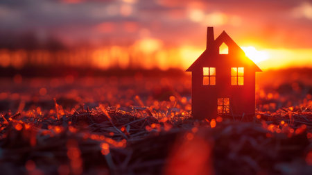 Silhouette of a house at sunset, with warm lighting and a bokeh effect in the foreground on a blurred background, symbolizing comfort or the concept of home. Generative AIの素材