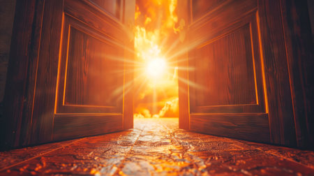 An open doorway with intense sunlight streaming in, on a textured background, showcasing the concept of discovery or a new beginning. Generative AIの素材