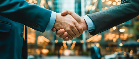 Two professionals shaking hands in a business setting, with a blurred city background symbolizing partnership. Generative AIの素材