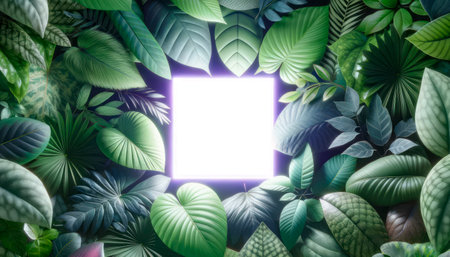 A vibrant display of tropical leaves surrounding a blank, glowing white square frame on a purple background, concept of natural design. Generative AIの素材