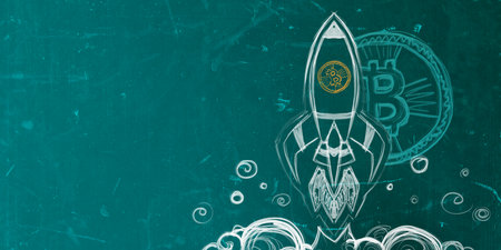 A chalkboard drawing of a rocket symbolizing a Bitcoin launch, with a creative concept on a teal...