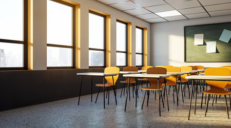 Classroom interior with wooden chairs, tables, a blackboard, and windows showing cityscape, on a sunny day, concept of education. 3D Renderingの写真素材