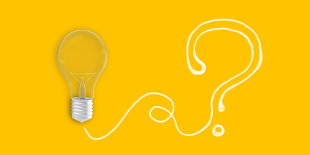 A lightbulb and a drawn question mark on a yellow background, symbolizing idea generation. 3D...