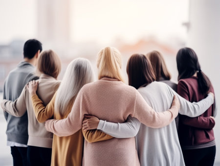A group of people embracing each other, standing with their backs to the camera, blurry background, concept of unity. Generative AIの素材