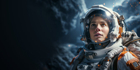 A female astronaut in a space suit against a dark cosmic background, exploring space. Generative AIの素材