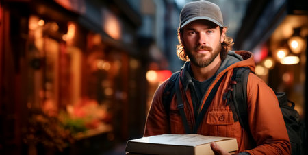A man with a package in urban night settings, soft focus background, concept of delivery service. Generative AIの素材