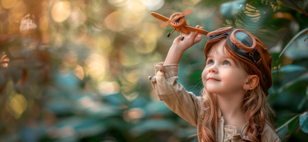A child in a pilot hat plays with a wooden toy airplane against a blurred natural background, embodying imagination and adventure. Generative AIの素材
