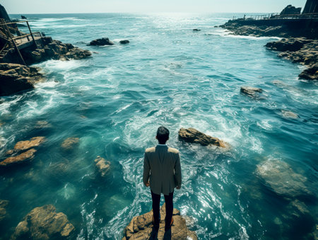 A person in a suit standing on a rock, overlooking the ocean, clear sky in the background, concept of contemplation. Generative AIの素材