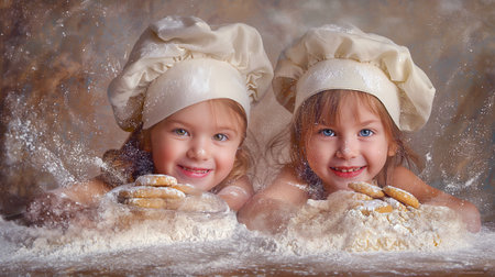 Two children in chef hats playing with flour, smiling, on a warm toned background, depicting a joyful cooking experience. Generative AIの素材