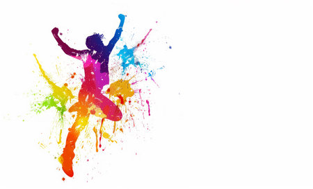 Silhouette of a person with splashes of colorful paint on a white background, symbolizing creativity and expression. Generative AIの素材