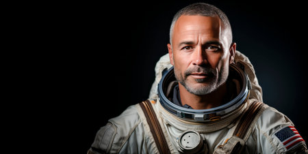 A portrait of an astronaut in a space suit against a dark background, exemplifying the concept of space exploration. Generative AIの素材