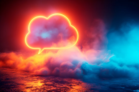 Neon glowing speech bubble surrounded by mist, against a dark background with red and blue tones, conveying a concept of communication. Generative AIの素材