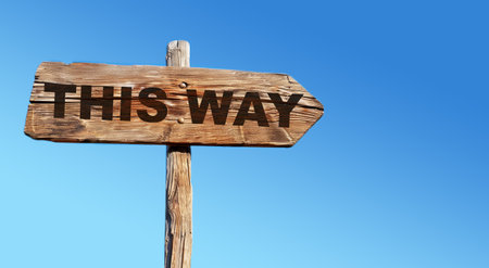 Wooden signpost with "THIS WAY" text against a clear blue sky, symbolizing direction and decision-making. Generative AIの素材