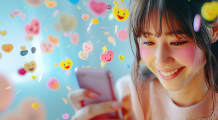 A smiling girl using her phone with floating hearts and emoji, digital art style, on a bright background, concept of joy and communication. Generative AIの素材
