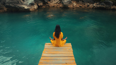 Woman meditating on a wooden pier with turquoise sea water in the background, concept of tranquility. Generative AIの素材