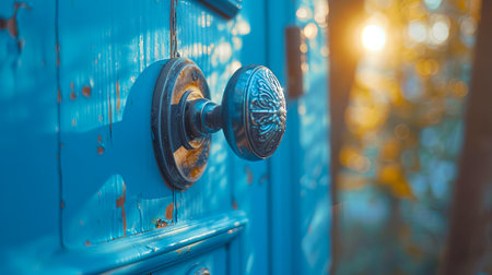 Vintage brass door knob on a vibrant blue wooden door, bokeh background, concept of entrance. Generative AIの素材