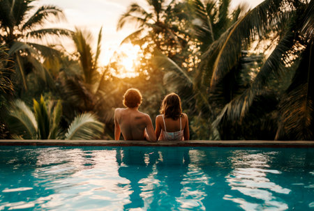 Couple sitting by a pool at sunset, surrounded by tropical palms. The concept of romance and vacation. Generative AIの素材