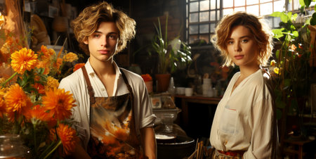Two people surrounded by flowers in a warm-lit workshop, with a vintage ambience, portraying a concept of floristry or creativity. Generative AIの素材