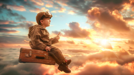A child in pilot attire sitting on a suitcase and pointing, set against a sunset cloud background, concept of adventure. Generative AIの素材
