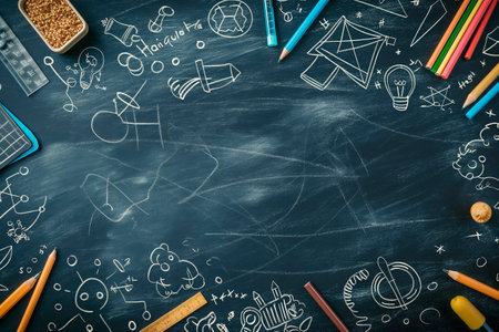 A chalkboard with educational doodles and drawing tools against a dark slate background, representing the concept of learning. Generative AIの素材