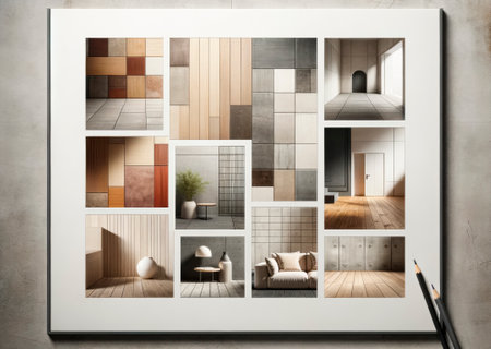 A collage of various interior spaces with different textures, materials, and lighting on a frame against a wall, concept of design diversity. Generative AIの素材