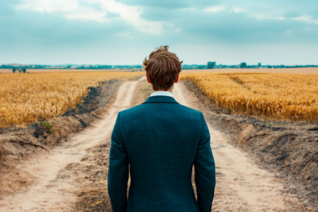 A man in a business suit standing at a crossroads in a cornfield, symbolizing decision and choice, under a cloudy sky. Generative AIの素材