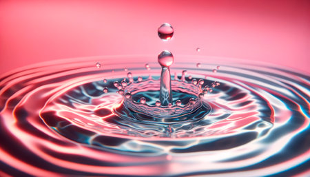 A close-up of water droplets creating ripples, against a pink and blue gradient background, illustrating a liquid concept. Generative AIの素材