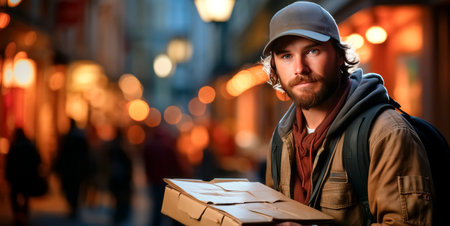 A man holding packages on an illuminated street at night, in a photorealistic style, against a blurry urban background, depicting the concept of delivery service. Generative AIの素材