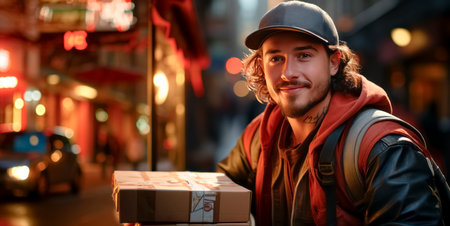 A smiling man holding a package on a city street at night, urban background, lifestyle concept. Generative AIの素材