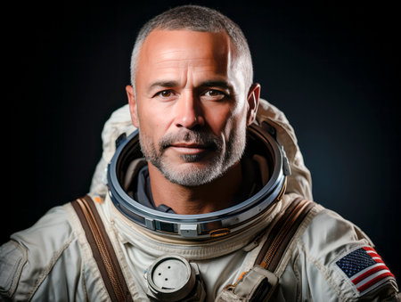 Astronaut in a spacesuit with American flag patch against a dark background, portrait of exploration and bravery. Generative AIの素材