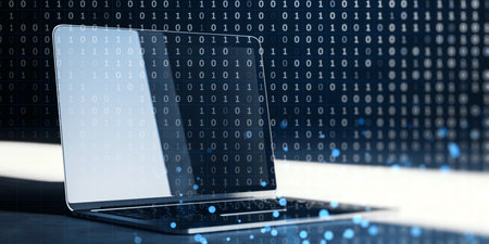An abstract concept of a laptop with a double exposure of binary code overlay, set against a blue...