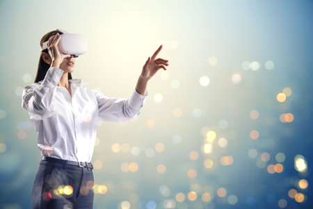 A person wearing VR headset, gesturing with hand, on bokeh lights background, concept of virtual...