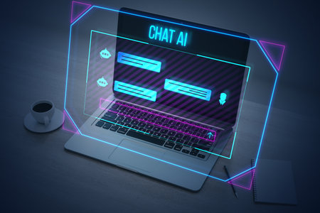 Close up of laptop on desk with coffee cup and creative ai chat hologram on blurry background. Chat GPT and communication bot concept. Double exposureの写真素材