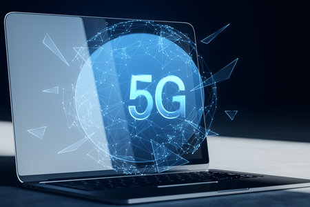 Close up of laptop with creative polygonal globe with 5g internet hologram on blurry background....