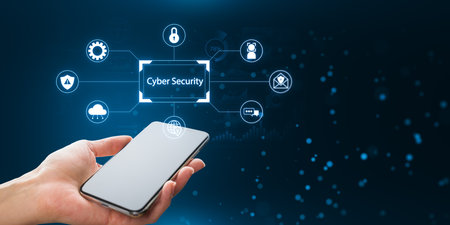 Close up of female hand holding smartphone with creative digital hologram on blue background. Cyber...