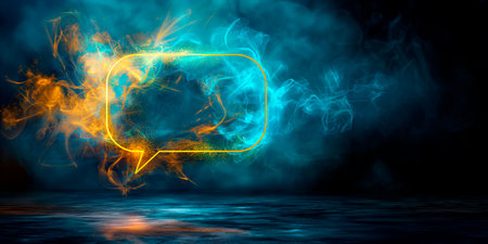 Abstract energy bubble design with blue and orange highlights on a dark smoky background, concept of communication. Generative AIの素材