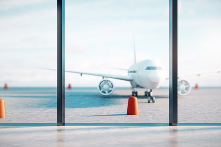 Airplane viewed through airport window, realistic style, clear sky background, concept of travel. 3D Renderingの写真素材