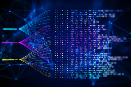 Abstract digital data streams on a dark blue background, conveying the concept of big data and cloud...