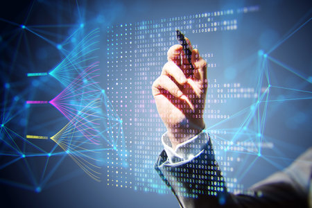 A person interacting with a futuristic holographic interface featuring digital data and connections...