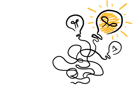 Hand-drawn lightbulbs on a white background with one illuminated, symbolizing a bright idea or...